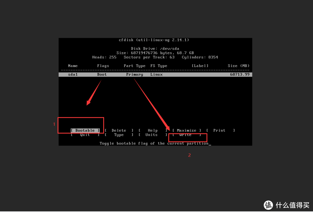 这里选择Bootable后会出现Boot，然后选择write选项按回车