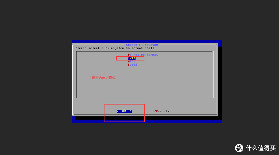 格式选择为ext4