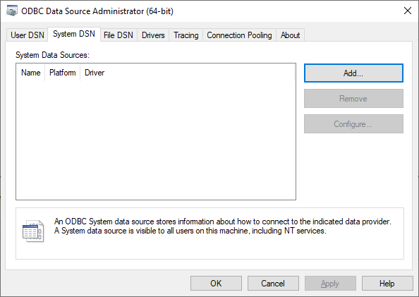 ODBC 数据源管理器对话框的系统 DSN 选项卡