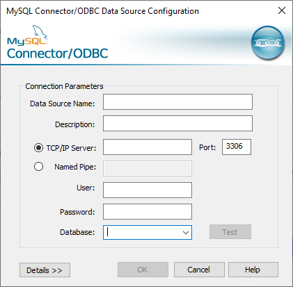 连接到 MySQL 数据库的连接器/ODBC 配置对话框