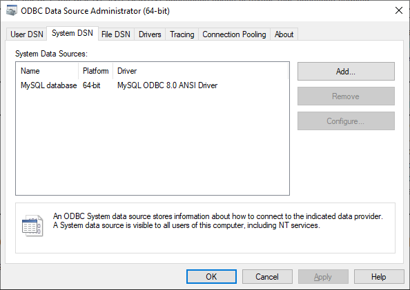 在 ODBC 数据源管理器对话框的系统 DSN 选项卡中新创建的数据源名称