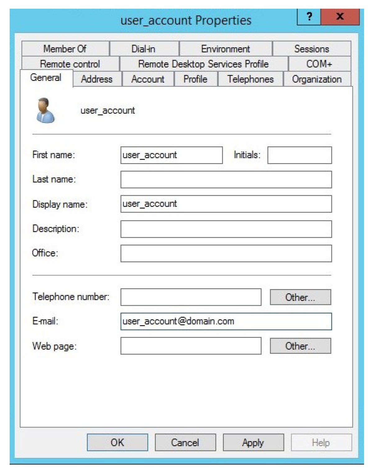 A screenshot showing the user_account Properties window.