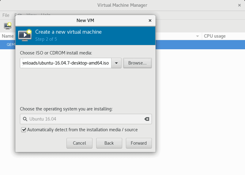 使用 virt-manager GUI 指定操作系统的 ISO 磁盘映像的路径