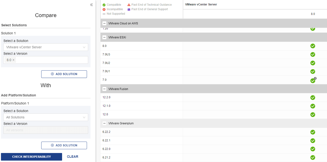 vCenter 8 互操作性矩阵