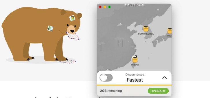免費 VPN 服務 TunnelBear ，超過 40 個節點可使用，每月有 2GB 流量額度 03 5